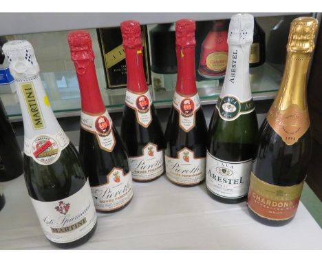 Six bottles of sparkling wine - three bottles of Pieroth Cuvee Ferdinand, Australian Chardonnay Brut, Arestel Cava Brut and M