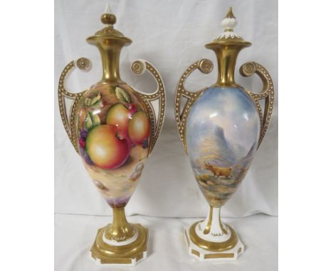 Two David Bowkett Ceramics porcelain vases, urn shaped with two scrolled handles moulded with fixed lids, height 33.5cm - one