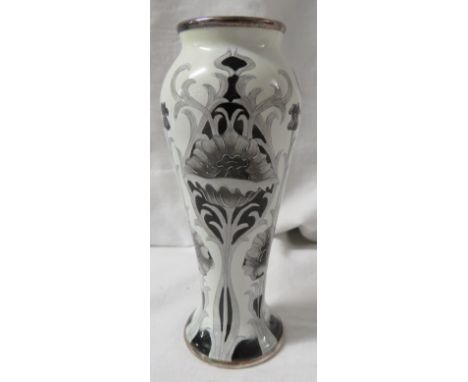 Moorcroft enamel Black Poppy slender baluster vase, en grisaille stylized flowers and foliage, silvered rim, height 10.5cm, t