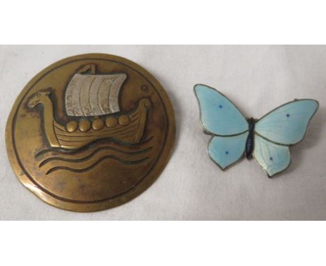 Kirsten Pedersen Copenhagen bimetal circular brooch depicting a Viking longboat, and a white metal and enamel butterfly brooc