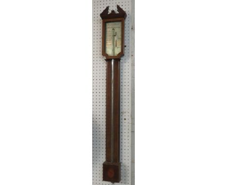 Mercury stick barometer in an inlaid mahogany case with broken arch pediment, silvered dial signed James Hyde Mathematician W