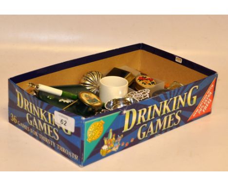 BOX OF COLLECTIBLES TO INCLUDE SILVER CIGARETTE CASE, LADY'S MEASURING TAPE IN SILK CASE, FOLDING BOXWOOD RULE, DOG WHISTLES 