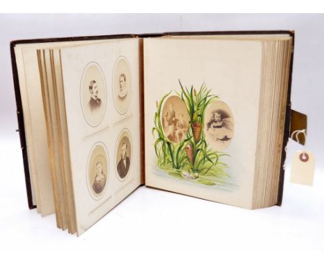 VICTORIAN LEATHER-BOUND PHOTOGRAPH ALBUM WITH BRASS CLASP, FULL OF MANY PORTRAIT PHOTOGRAPHS. THE ALBUM INSCRIBED A.W. HUKE M