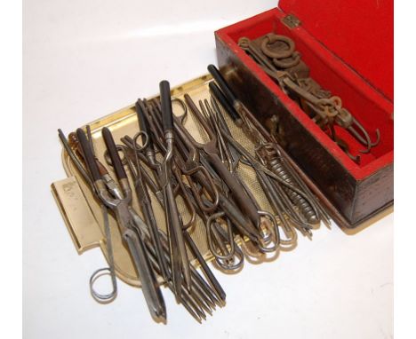 BOXED SCALES AND WEIGHTS ALONG WITH A COLLECTION OF 17 PAIRS OF TONGS, POSSIBLE HAIR CRIMPING OR MEDICAL USE 