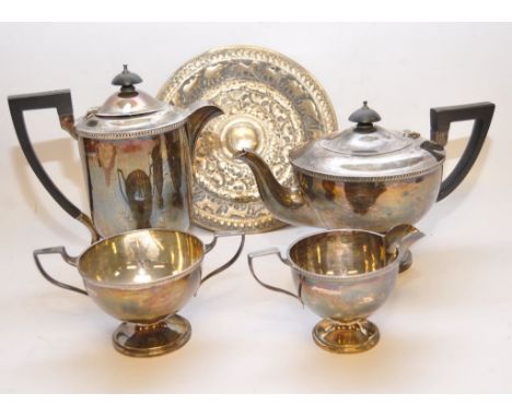 FOUR PIECE SILVER TEA  SET , SHEFFIELD CIRCA 1927, TEA POT WITH INSCRIPTION ALONG WITH WHITE METAL PLATE 