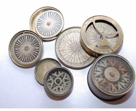 OLD BRASS CASED POCKET COMPASS AND SUNDIAL WITH HINGED GNOMON AND THREE OTHER BRASS CASED COMPASSES, ALL IN AS FOUND CONDITIO