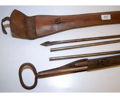 TWO LEATHER CASED VINTAGE THREE SECTION NEEDLES, APPROX LENGTH OVERALL WHEN ASSEMBLED 190CM (POSSIBLE STACK NEEDLES_ 