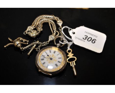 VICTORIAN LADY'S FOB WATCH WITH SILVER CASE (935 GRADE) GILT DECORATION ENAMEL DIAL WITH ROMAN NUMERALS WITH A LADY'S SHORT A