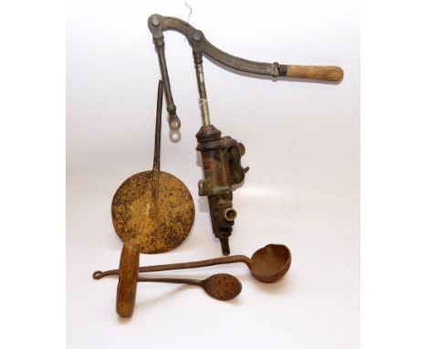 WHEELRIGHT'S TRAVELLER, SMALL HAND OPERATED PUMP, MARKED W.F. FRENCH AND CO BIRMINGHAM, BLACKSMITH MADE LADLE AND SACK LIFTIN