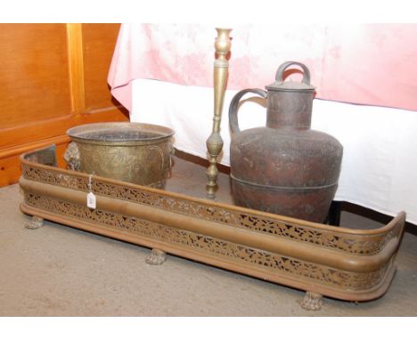 BRASS FIRE CURB, BRASS COAL BUCKET, BRASS CANDLE STICK AND A LARGE TURKISH TYPE LIDDED JUG 