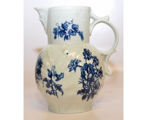 A WORCESTER BLUE AND WHITE CABBAGE LEAF MASK JUG 