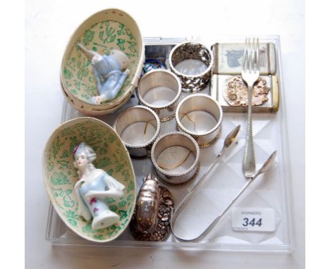 MISCELLANEOUS LOTS TO INCLUDE SILVER TONG, FORK, NAPKIN RINGS, PIG, 2 MEDALLIONS, DUNHILL LIGHTER, VESTA CASES (ONE A/F) AND 