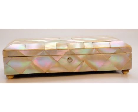 LARGE MOTHER - OF - PEARL JEWELLERY TRINKET BOX WITH SILVER CARTOUCHE 