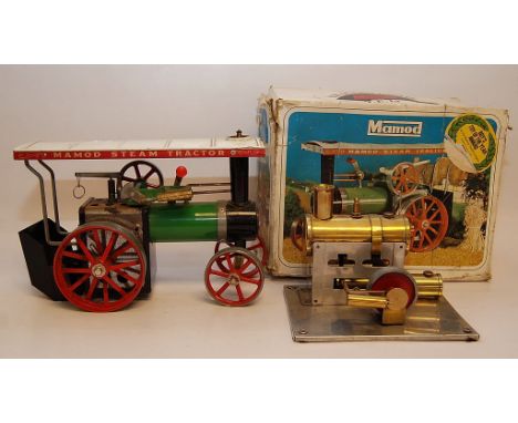 MAMOD STEAM TRACTOR IN BOX ALONG WITH A SMALL BRASS MODEL STEAM STATIONARY ENGINE, MAMOD TYPE 