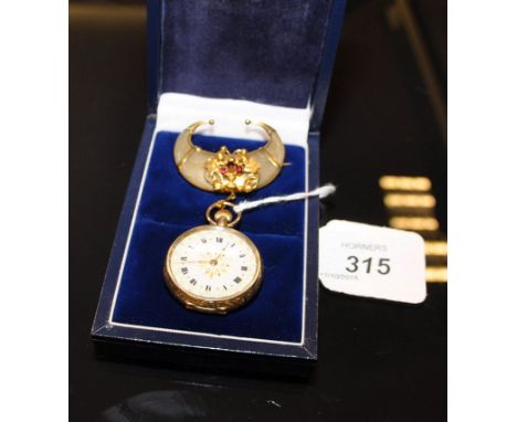 VICTORIAN 9CT GOLD LADY'S FOB WATCH WITH FLORAL ENGRAVED CASE, BUTTON WIND, GILT DECORATION AND BLACK ROMAN NUMERALS, SUSPEND