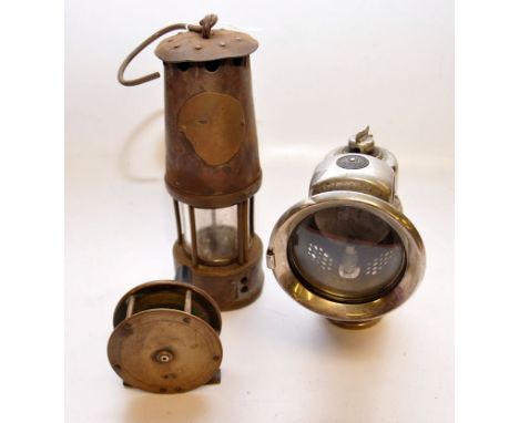 MINER'S LANTERN, CARBIDE CYCLE LAMP AND VINTAGE BRASS FISHING REEL 