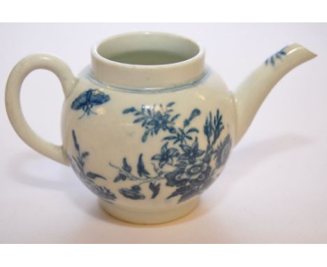 A WORCESTER BLUE AND WHITE TEAPOT OF SMALL PROPORTIONS PRINTED IN UNDER-GLAZED BLUE WITH FLOWERS AND INSECTS, 7.5 CM   