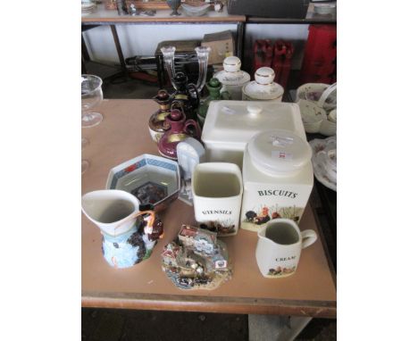 SMALL QUANTITY OF HOUSEHOLD CERAMICS INCLUDING LEONARDO KITCHEN VESSELS ETC, RUTHERFORD’S SCOTCH WHISKY FLASKS