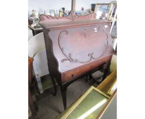 CARVED FALL FRONT BUREAU, WIDTH APPROX 71CM TOGETHER WITH CONTENTS COMPRISING LARGE SELECTION VARIOUS LIGHT BULBS