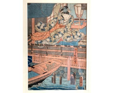 19th Century Japanese Ukiyo-e colour woodblock print, geisha in boat house, 35cm by 24cm, framed &amp; glazed, bearing Ealing