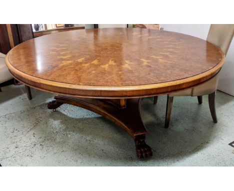 BREAKFAST TABLE, 185cm W x 78cm H, Regency style, oak and burr oak, the segment veneered circular top on a faceted column, wi