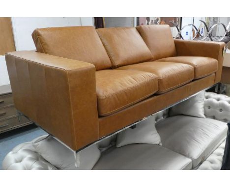 SOFA, 224cm contemporary design, tan leather on polished metal supports. 