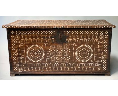 INDO PORTUGUESE TRUNK, 19th century teak and mother of pearl inlaid with rising lid, 76cm x 38cm x 36cm H. 