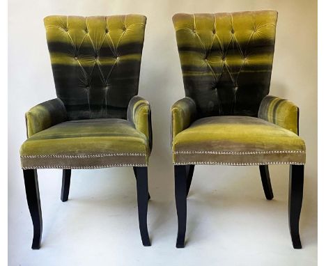 SALON ARMCHAIRS, a pair, printed green and striped velvet with button back and swept supports. (2) 