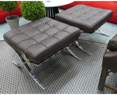 AFTER LUDWIG MIES VAN DER ROHE BARCELONA STYLE STOOLS, 40cm x 58cm x 59cm, a pair. (2) 