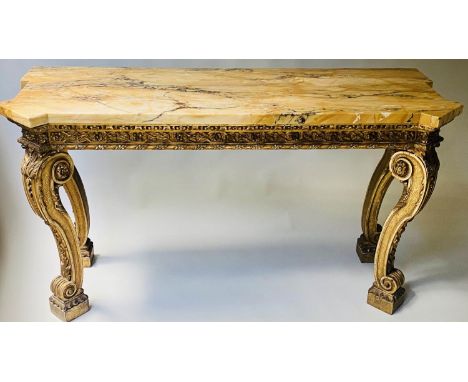 CONSOLE TABLE, George II style giltwood with Sienna marble top, rosette frieze and scroll supports. 159cm W x 59cm W x 87cm H