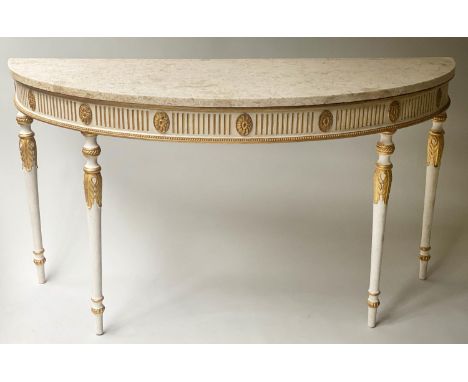 CONSOLE TABLE, 84 cm H x 152cm W x 54cm D, demi lune grey painted and parcel gilt in Adam style with marble top above a flute