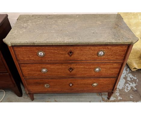 COMMODE, 102cm x 50cm x 84cm, circa 1800, Gustavian mahogany, with marble top above three drawers with porcelain and brass ha