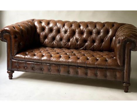 CHESTERFIELD SOFA, 208cm D, Victorian horsehair and studded brown leather seat and arms, upholstered with deep button back. 