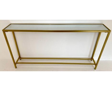 CONSOLE TABLE, 79cm x 152cm x 25cm gilt metal and glass. 