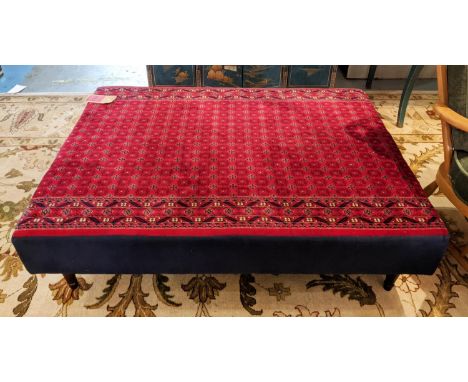 HEARTH STOOL, 33cm H x 122cm x 95cm, carpet patterned velvet with blue fabric sides on turned feet. 