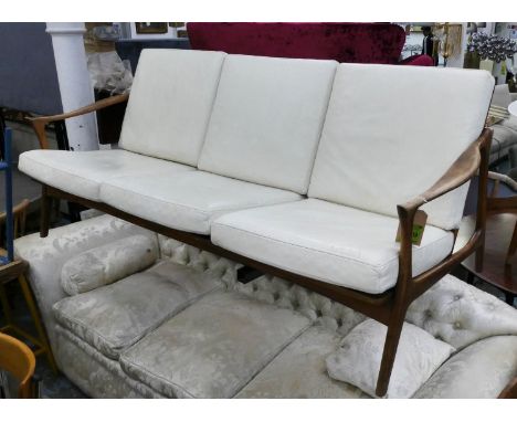 ATTRIBUTED TO KOFORD LARSON KANDIDATEN SOFA, 195cm W, vintage 1960s, teak and leather, three seater, sculptural design. 