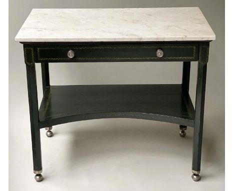 SERVING/CONSOLE TABLE, 19th century Continental green with hand painted decoration, silver metal mounted with marble top, fri