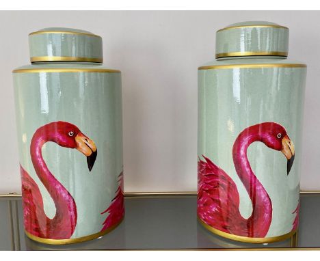 GINGER JARS, a pair, 40cm x 20cm glazed ceramic, with flamingo print design (2) 