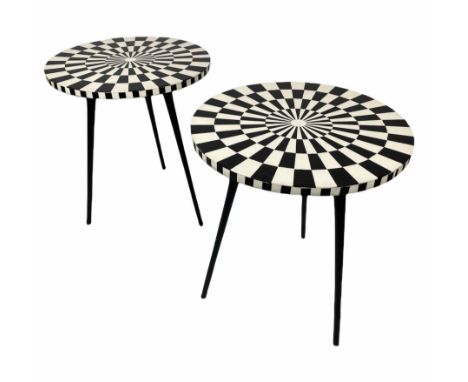 SIDE TABLES, a pair, 1970's Italian design, circular inlaid tops on tripod metal legs, 53cm H x 46cm x 46cm. (2) 