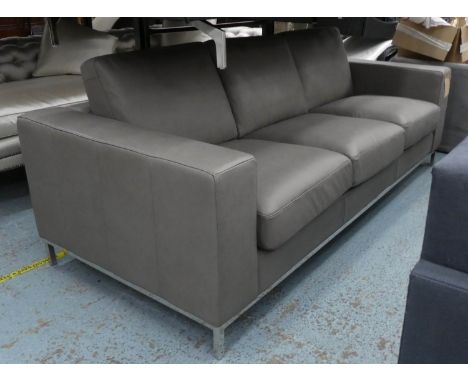 SOFA, 224cm contemporary design grey leather on polished metal supports. 