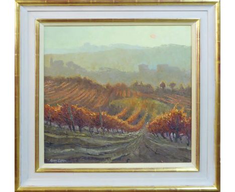 ALAN COTTON (British b.1938) 'Piemonte Vineyards in Diffused Evening Light', oil on canvas, signed lower left with David Mess