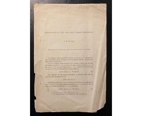TURING, (Alan). Equivalence of Left and Right Almost Periodicity [TURING'S FIRST PUBLISHED PAPER], unsigned but the author's 