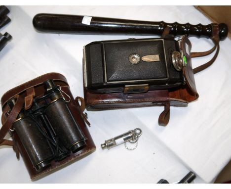 A police truncheon and whistle; a cased Simplex camera; a pair of binoculars
