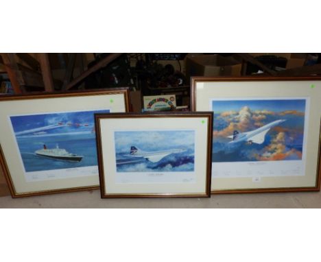Concorde:  limited edition print signed by David Leney and other pilots; another print, Perfect Timing; a further print signe