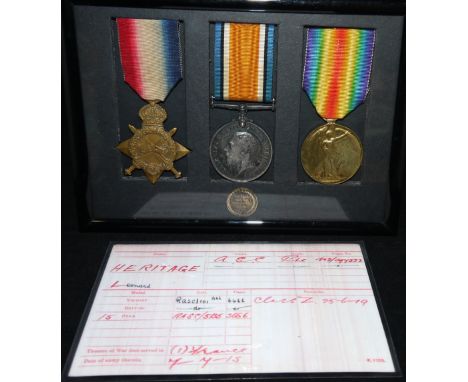 Army Service Corps WWI 1914-15 Star trio to M2-097552 Pte Leonard Heritage, framed and with laminated medal index card