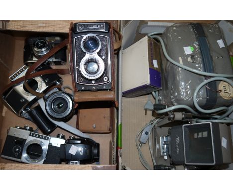 A Rolleicord K3B box camera in leather case; a selection of other cameras including 2 Exakta camera bodies; Voigtlander editi