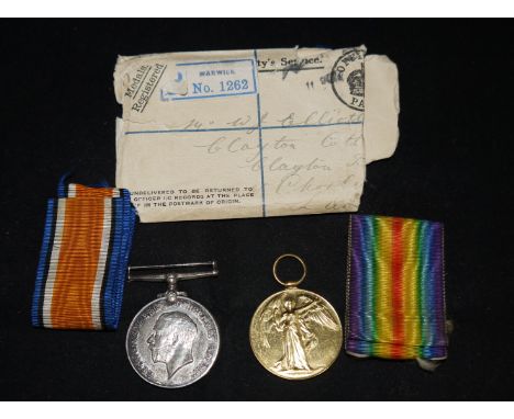 Oxfordshire and Buckinghamshire Light Infantry WWI pair to 2334 Pte. William Elliott Oxf & Bucks L.I.