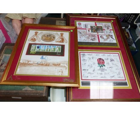 Ian Botham:  The Golden Age of Cricket, autographed print; and another print Rugby Heroes 2003, framed