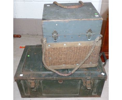 A stained pine military box in rope cradle; a metal military trunk