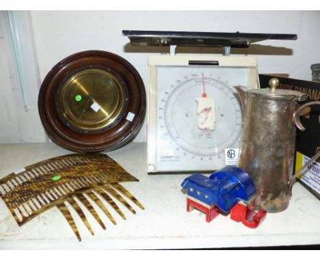 A set of 1960's postal scales; an oak circular aneroid barometer; a simulated tortoiseshell hair comb